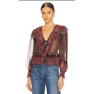 NWT! ULLA JOHNSON Vivian Blouse Garnet 100% Silk Burgundy Ruffle V-neck Size 4